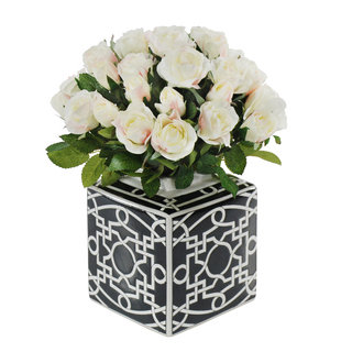 Jane Seymour Botanicals White Rose Bouquet In 14-inch Tall Black White Ceramic Vase