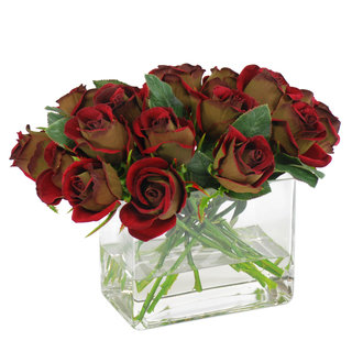 Jane Seymour Botanicals Red Green Rose Bouquet In 10-inch Rectangular Glass Vase