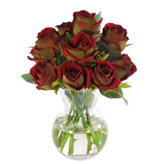 Jane Seymour Botanicals Red and Green Floribunda Rose Bouquet in 12-inch Clear Glass Vase