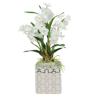 Jane Seymour Botanicals Vanda Orchids In 20-inch White Fancy Ceramic Vase