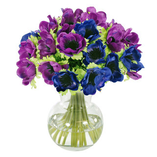 Jane Seymour Botanicals Blue and Purple Poppy Anemone Bouquet in 11-inch Clear Glass Vase