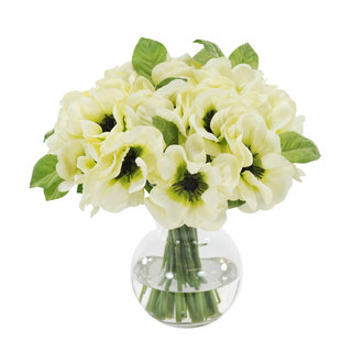 Jane Seymour Botanicals Cream Poppy Anemone Bouquet in 11-inch Glass Vase