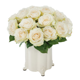 Jane Seymour Botanicals White Vintage Rose Bouquet in 11-inch-tall White Canister Vase