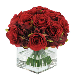 Jane Seymour Botanicals Red 8-inch Rose Bouquet In Square Glass Vase