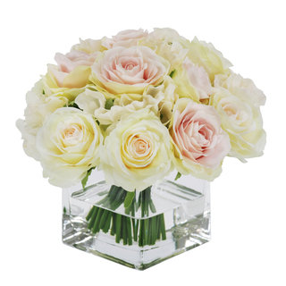 Jane Seymour Botanicals Pink White 8-inch Rose Bouquet in Square Glass Vase