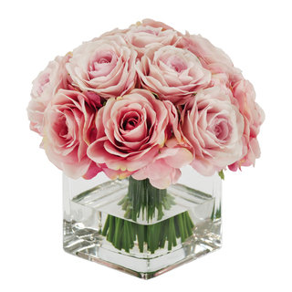 Jane Seymour Botanicals Pink Rose Bouquet in 8-inch Clear Glass Square Vase