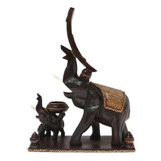 Handmade Elephants Carved Wood Wine Bottle and Candle Holder Statue (Thailand)
