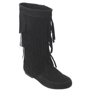 Refresh Women's AD38 Fringe Moccasin Flat Heel Zipper Under Knee High Boots