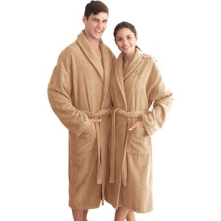 Authentic Hotel and Spa Sandy Tan with Gold Monogrammed Herringbone Weave Turkish Cotton Unisex Bath Robe