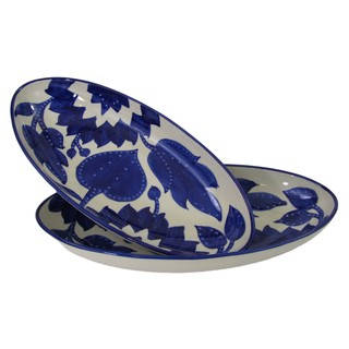Handmade Set of 2 Le Souk Ceramique Jinane Design Large Stoneware Oval Platters (Tunisia)