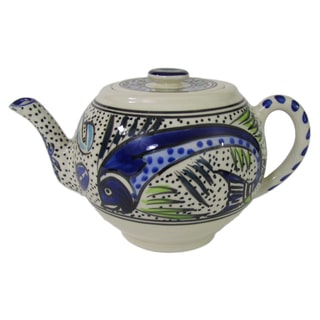 Handmade Le Souk Ceramique Aqua Fish Design Stoneware Teapot (Tunisia)