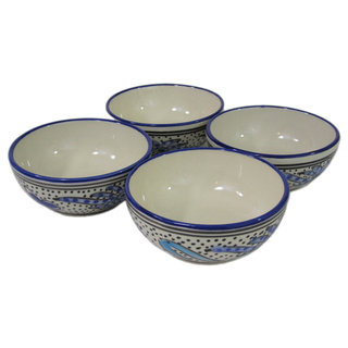 Set of 4 Le Souk Ceramique Aqua Fish Design Stoneware Deep Sauce/Ice Cream Bowls (Tunisia)