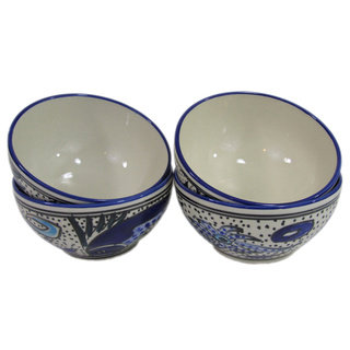 Set of 4 Le Souk Ceramique Aqua Fish Design Stoneware Soup/Cereal Bowls (Tunisia)