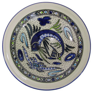 Le Souk Ceramique Aqua Fish Design Small Stoneware Serving Bowl (Tunisia)