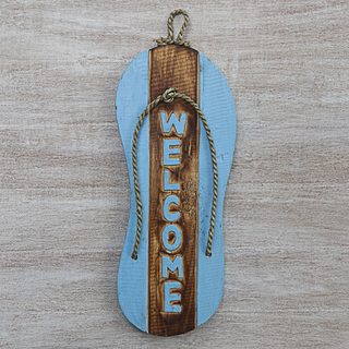 Handcrafted Albesia Wood 'Welcome Sandal' Sign (Indonesia)