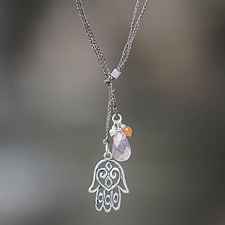 Handmade Sterling Silver 'Hamsa Hand' Multi-gemstone Pearl Lariat Necklace (3 mm) (Indonesia)