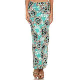 Women's Green/Pink Ornate Floral Polyester/Spandex Maxi Skirt