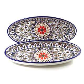 Handmade Set of 2 Le Souk Ceramique 'Tabarka' Large Stoneware Oval Platters (Tunisia)
