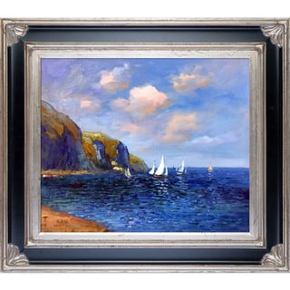 Claude Monet 'Cliffs and Sailboats at Pourville' Hand Painted Framed Canvas Art