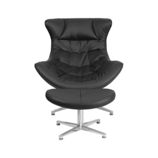 Offex Black Leather Retro Style Upholstered Cocoon Chair With Ottoman
