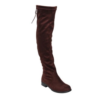 Bamboo Women's ED39 Black/Brown Fauz Suede Drawstring Low Chunky Thigh-high Boots
