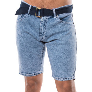 Men's Slight Ripped Soft Denim Belted Short and Cuffing With Five Pockets
