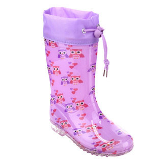 Jelly Beans Girls' GE77 Purple Bungee-tie Owl-pattern Mid-calf Low-heel Rain Boots