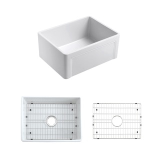 Olde London White Fireclay 24-inch x 18-inch Casement-edge-front Farmhouse Kitchen Sink and Grid