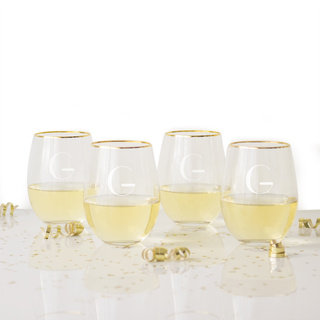 Personalized 19.25 oz. Gold Rim Stemless Wine Glasses (Set of 4)