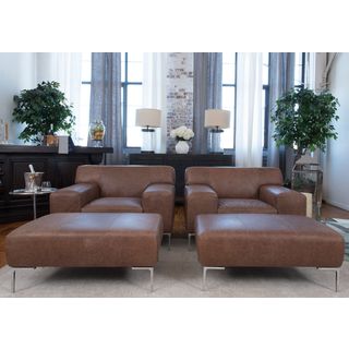 Industrial Chestnut Brown Top Grain Leather 4-Piece Chair and Ottoman Set