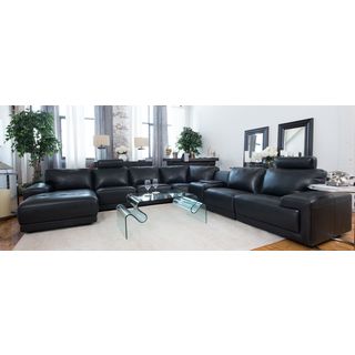 Cinema Black Top Grain Leather Large Sectional with Console Storage Table