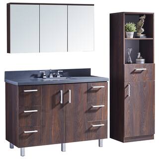 48" Bathroom Vanity with Grey Artificial Marble Top in Brown Elm Wood Texture Finish with Matching Mirror and Linen Tower