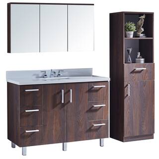 48" Bathroom Vanity with Phoenix White Marble Top in Brown Elm Wood Texture Finish with Matching Mirror and Linen Tower