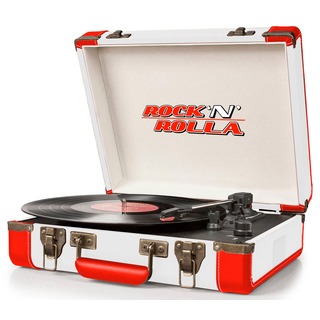 Rock 'N' Rolla White and Red Premium Rechargeable Portable Briefcase Turntable with Bluetooth Record Player