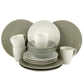 Elama Olive Terrace Ivory/Green Stoneware Service for 4 Textured Dinnerware Set (Case of 16)