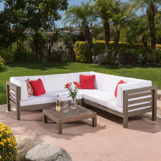 Oana Outdoor 4-Piece Acacia Wood Sectional Sofa Set with Cushions by Christopher Knight Home