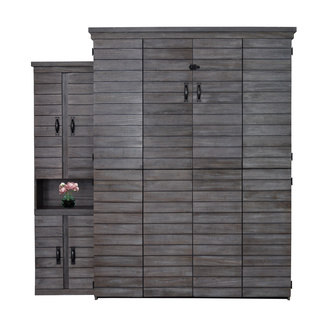 Farmhouse Shiplap Queen Murphy Bed wih One Door Bookcase in Grey/White Finish