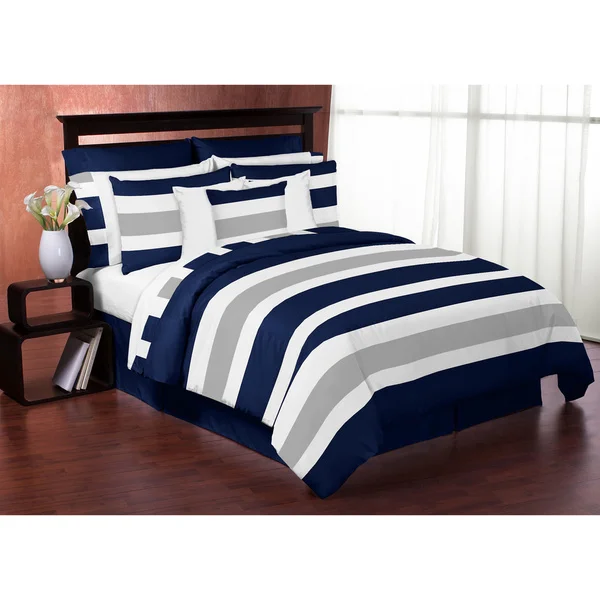 Sweet Jojo Designs Navy Blue and Gray Stripe 3-piece Full/ Queen-size Comforter Set