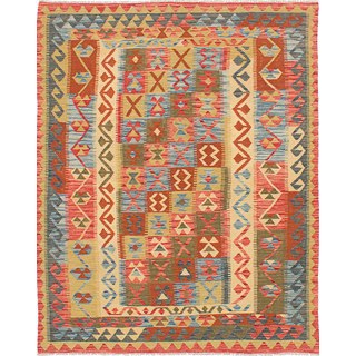 eCarpetGallery Yama Green/Orange Wool Hand-woven Kilim (5'3 x 6'7)