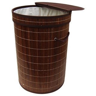 Brown Bamboo Round Folding Bamboo Laundry Hamper with Cotton Removable Lining