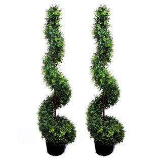 Green 5-foot Artificial Money Leaf Spiral Topiary Plant Tree in Plastic Pot (Set of 2)