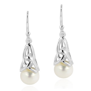 Celtic Funnel Pearl Pod Drop .925 Silver Dangle Earrings (Thailand)