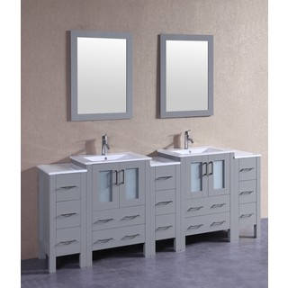 Bosconi 84-inch Grey Double Vanity Set with White Ceramic Tops, Mirrors, and Faucets