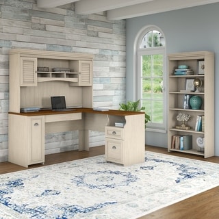Fairview L Shaped Desk with Hutch and 5 Shelf Bookcase in Antique White