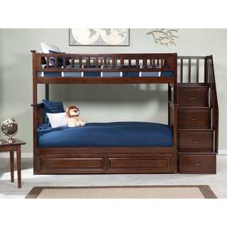 Columbia Staircase Bunk Bed Twin over Twin with Raised Panel Trundle Bed in Walnut