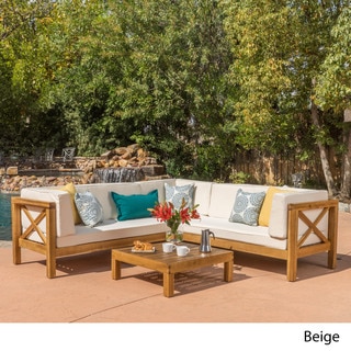 Brava Outdoor 4-Piece Wood Sectional Set w/ Cushions by Christopher Knight Home