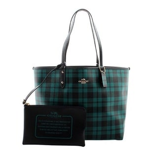 Coach Riley Navy and Teal Canvas Plaid Reversible City Tote Bag
