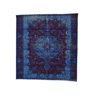 1800GetaRug Blue/Burgundy Hand-knotted Overdyed Persian Tabriz Square Rug (9'6 x 10'2)