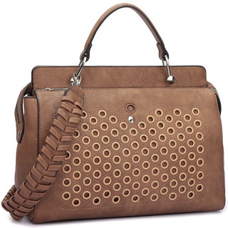 Dasein Faux Leather Designer Holes Satchel Handbag with Weave Shoulder Strap