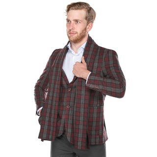 Beverly Hills Polo Men's Burgundy and Dark Grey Plaid Slim Fit Wool Blend Blazer with Matching Scarf